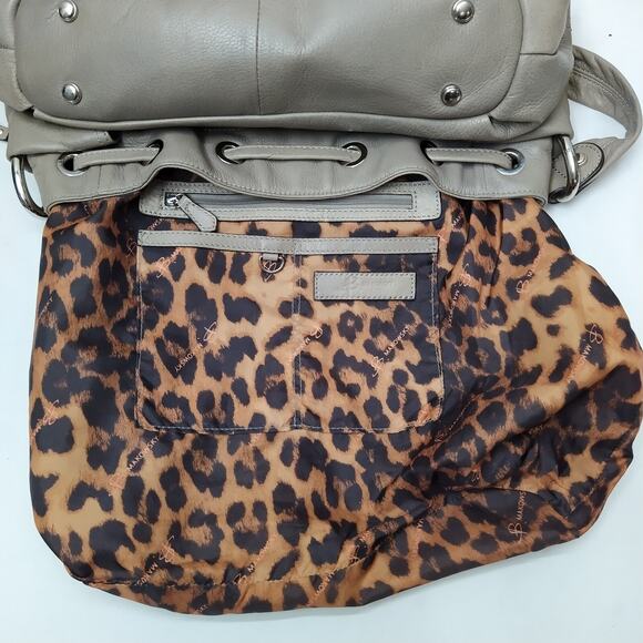 B. Makowsky Gray Leather Drawstring Zipper Pockets Shoulder Bag - Picture 11 of 16